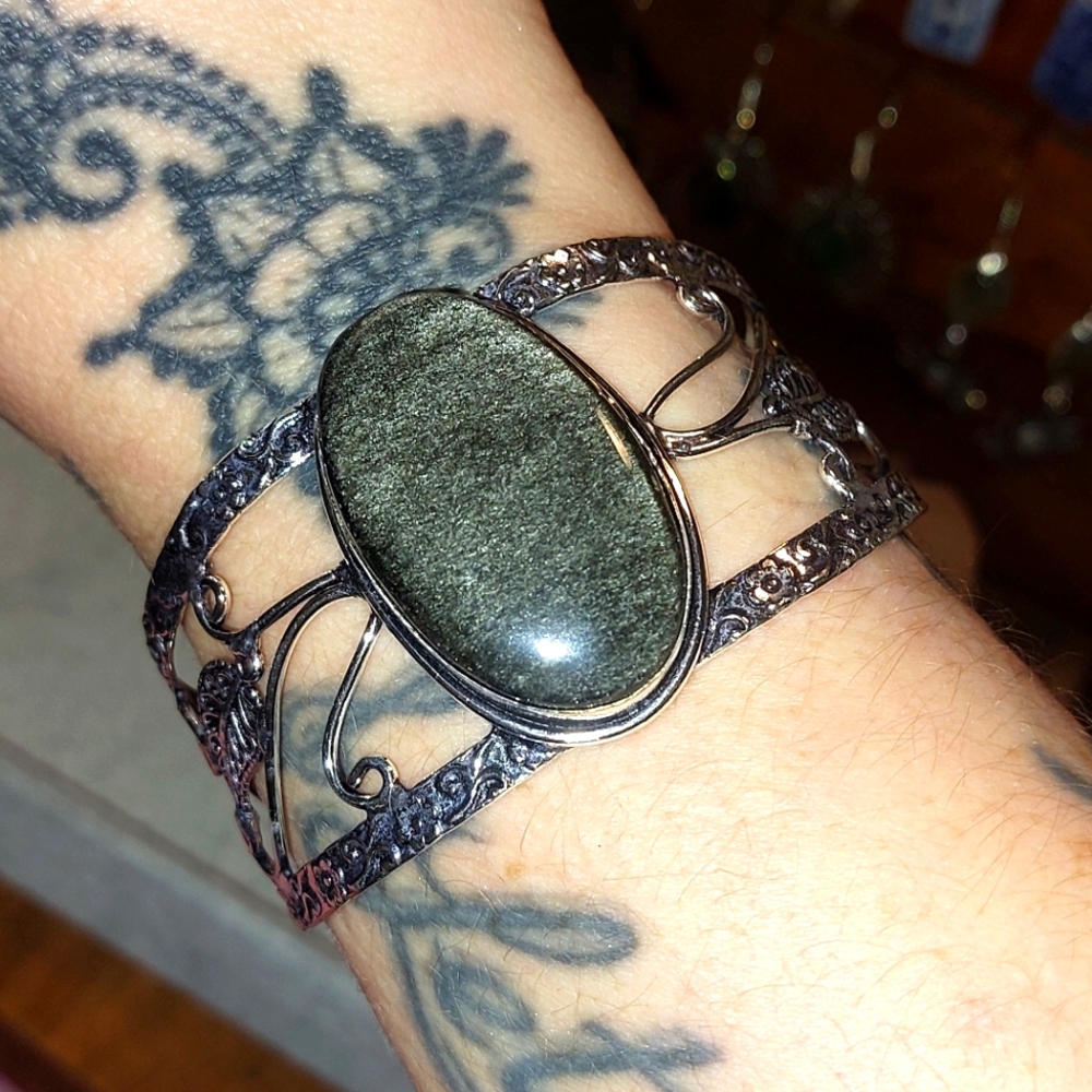 Large Silver Sheen Obsidian Adjustable Bangle Bracelet
